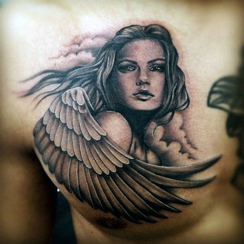 Beautiful Female Guardian Angel Chest Tattoo