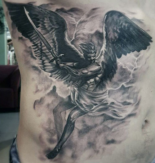 Fierce Flying Guardian Angel with Sword Tattoo