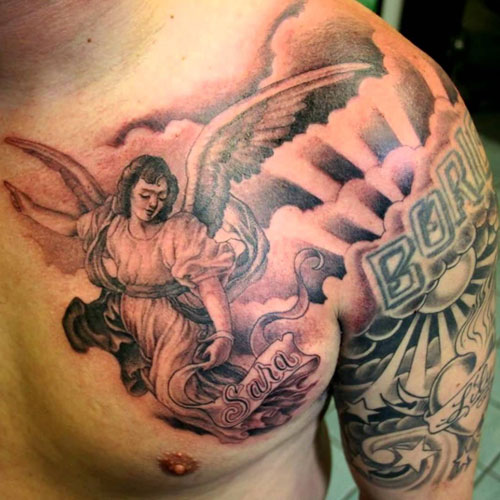 Black and Grey Ink Guardian Angel Chest Shoulder Tattoo