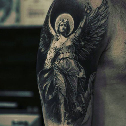 Awesome Black and Gray Angel Shoulder Tattoo