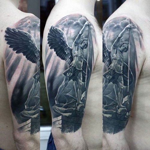 Powerful Black and Gray Guardian Angel Tattoos