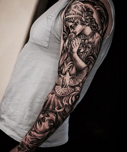 Unique Black and White Full Sleeve Angel Tattoo Designs