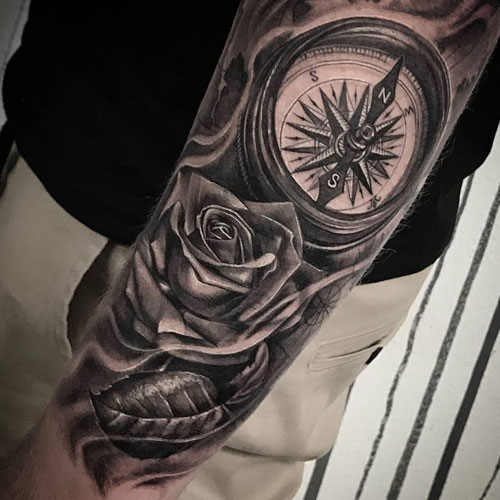 Awesome Rose Compass Arm Tattoo Designs