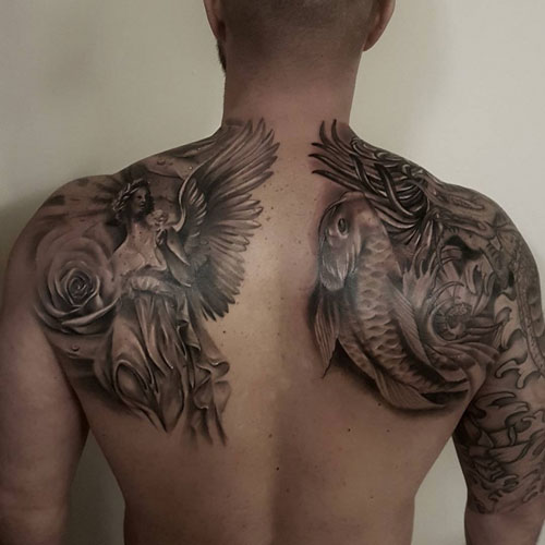 Angel vs Snake Shoulder, Arm and Upper Back Tattoos