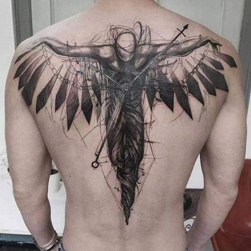 Badass Angel Upper Back Tattoos For Guys