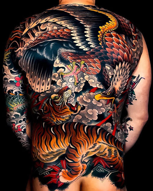 Colorful Japanese Back Tattoo
