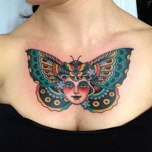 Colorful Butterfly Chest Tattoo