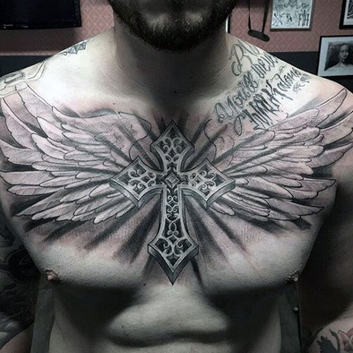 Cross with Wings Tattoo on Chest
