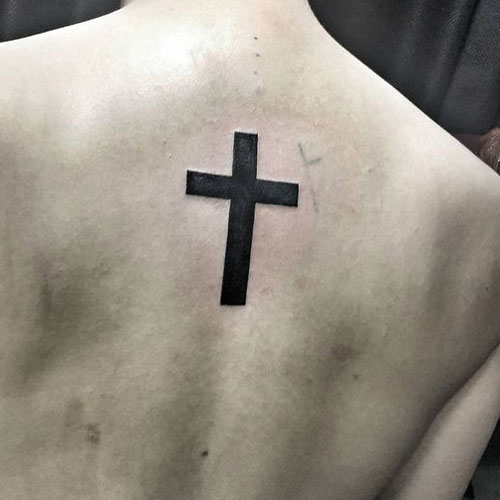 Simple Cross Tattoo Design on Upper Back