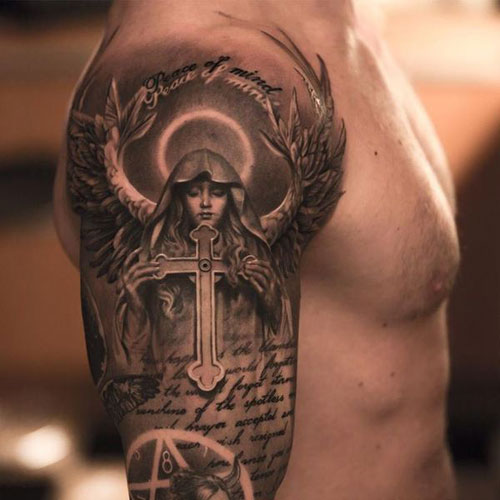 Badass Religious Half Sleeve Angel Cross Tattoo