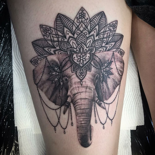 Cute Mandala Elephant Tattoo On Thigh