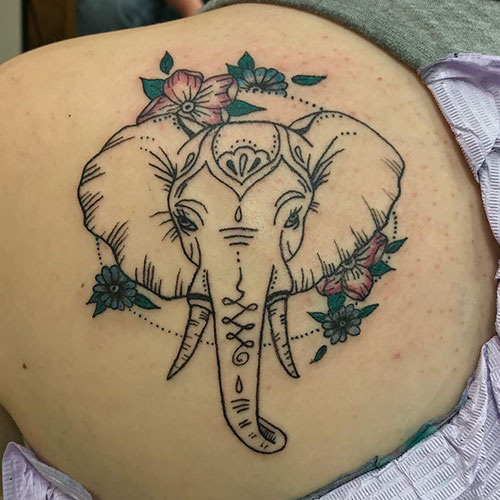 Elephant Tattoo Outline with Flowers on Back
