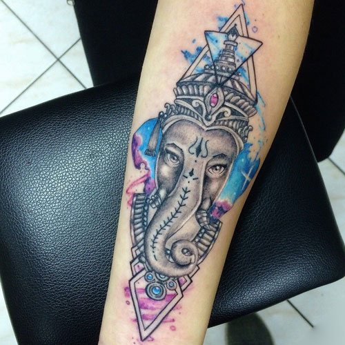 Colorful Indian God Ganesha Elephant Tattoo