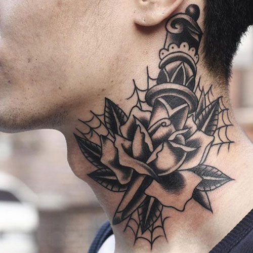 Dagger and Rose Neck Tattoos For Men