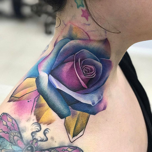 Colorful Rose Neck Tattoo