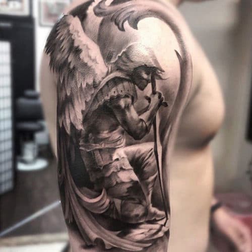 Awesome Saint Michael Fantasy Sleeve Tattoo