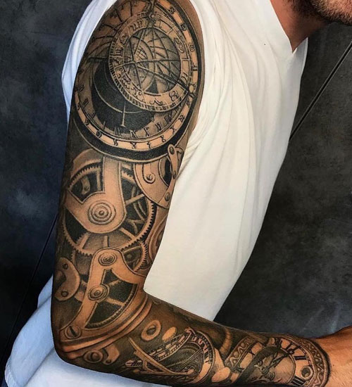 Nice 3D Full Sleeve Arm Tattoo Designs with Gears