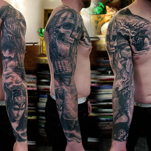 Awesome Warrior Skull Sleeve Tattoo Designs