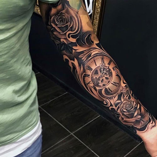 Compass and Rose Arm Sleeve and Bicep Tattoo