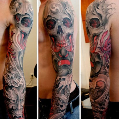 Red Skull Full Sleeve Tattoos For Men