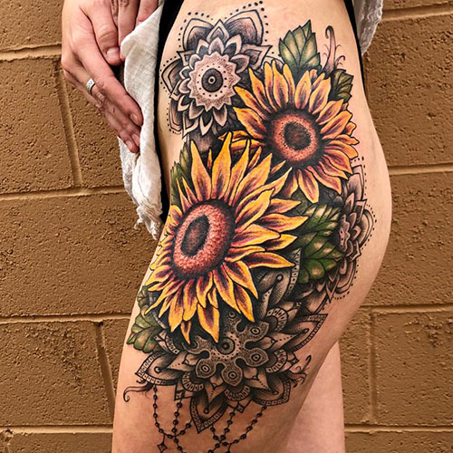 Sunflower Thigh Tattoo