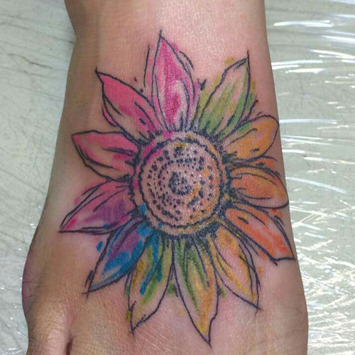 Colorful Sunflower Foot Tattoo
