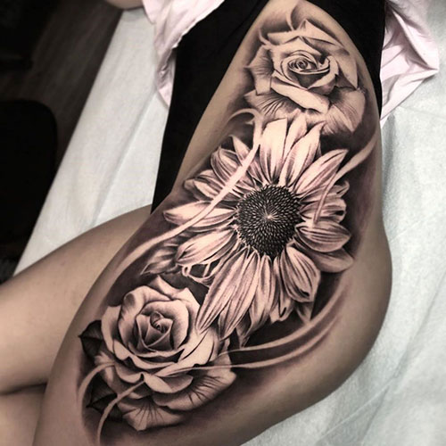 Sexy Sunflower and Rose Tattoo