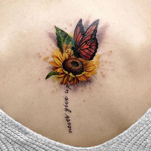 Small Sunflower with Butterfly Tattoo