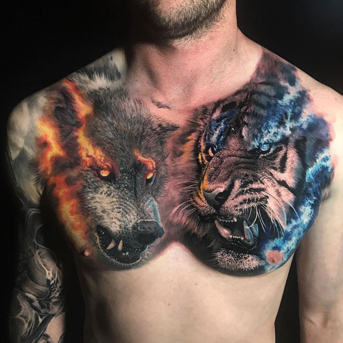 Men's Tiger Wolf Chest Tattoo