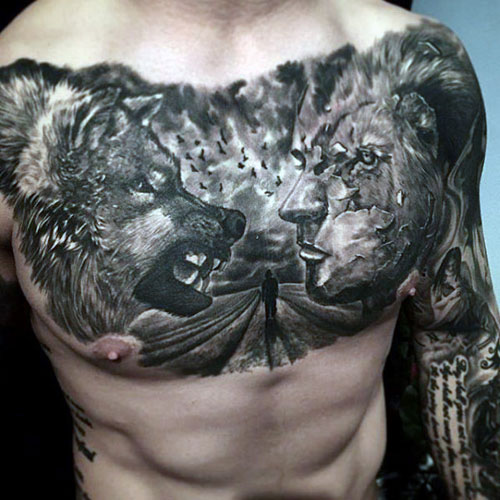 Realistic Chest Wolf Tattoo