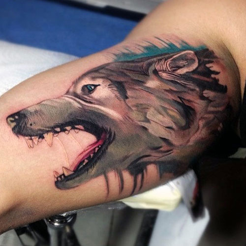 3D Watercolor Wolf Bicep Tattoo