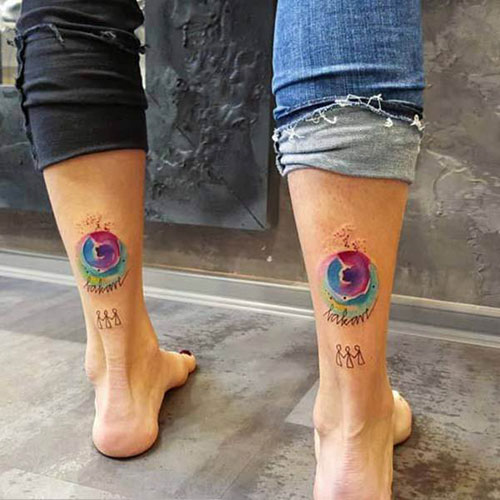 Colorful Sister Calf Tattoos