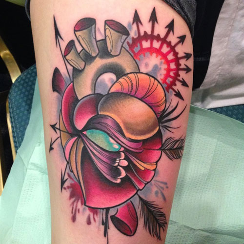 Colorful Heart and Flower Tattoos
