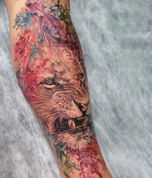 Colorful Lion and Floral Tattoo Designs