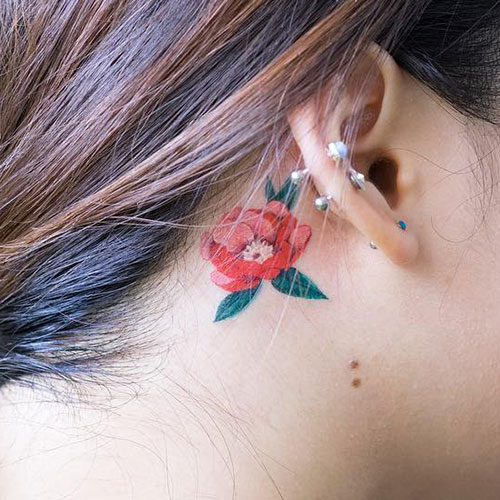 Cute Red Flower Tattoo Designs on Neck