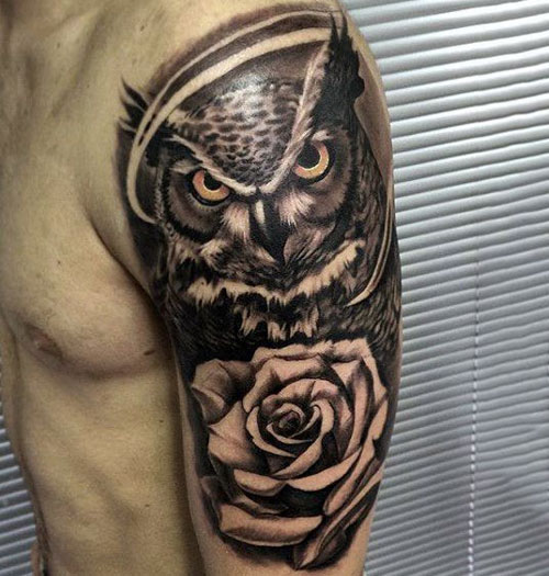 Badass Owl Flower Half Sleeve Shoulder Tattoo Designs