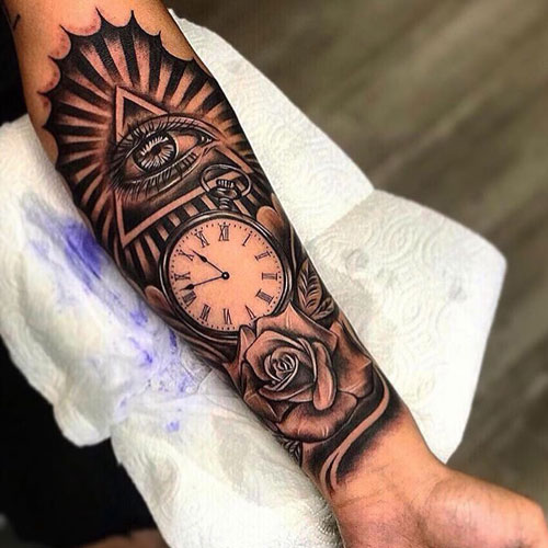 Awesome Clock Rose Half Sleeve Tattoo Ideas For Guys