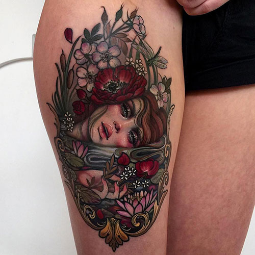 Colorful Thigh Tattoos For Females