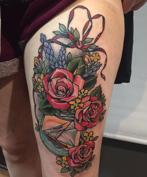 Pretty Floral Thigh Tattoo Designs For Girls