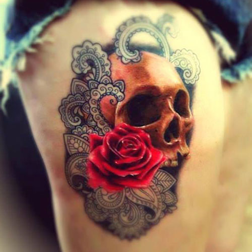 Flower Skull Thigh Tattoo Designs