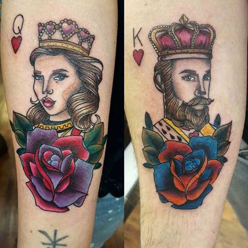 Colorful King and Queen of Heart Tattoos