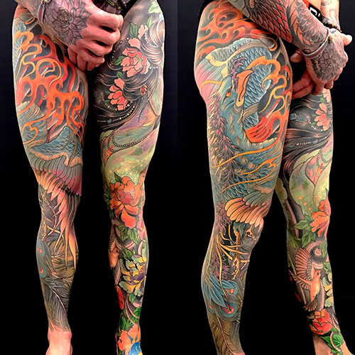 Colorful Full Leg Sleeve Tattoo