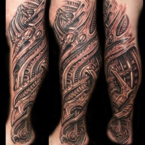 Full Lower Leg Biomechanical Tattoos For Men