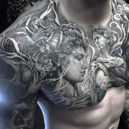 Chest and Half Sleeve Tattoo