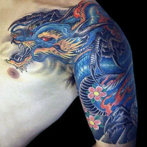 Blue Dragon Tattoo on Arm, Shoulder, Chest