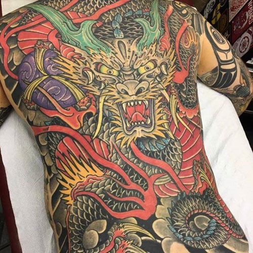 Colorful Full Back Dragon Tattoo Ideas For Guys