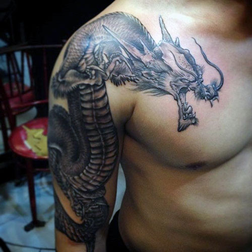 Badass Half Sleeve, Shoulder and Chest Dragon Tattoo For Men