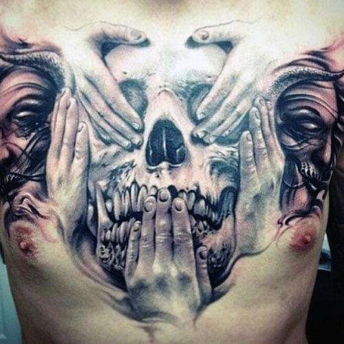 3D Skull Tattoo Design on Chest