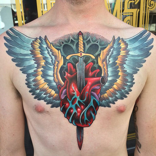 Broken Heart with Wings Tattoo on Chest