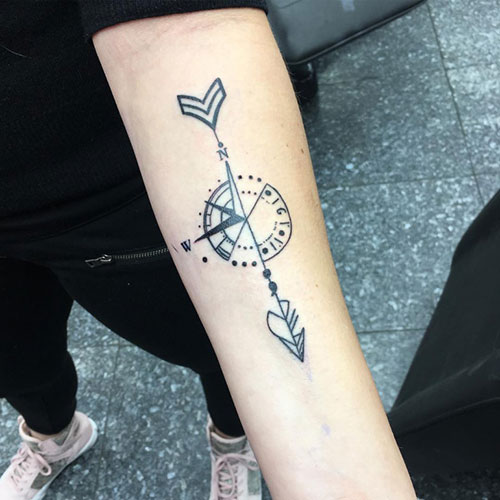 Arrow Compass Semicolon Forearm Tattoo